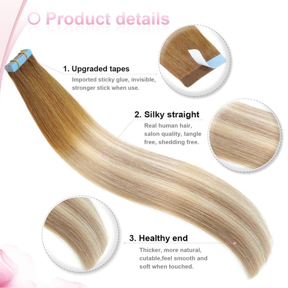 HUMAN HAIR 18” Remy Tape In Hair Extensions in Balayage #T8/P18/60, 20pcs - Picture 2 of 11